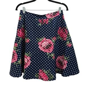 Magazine Navy Polka Dot Floral A Line Silk Skirt